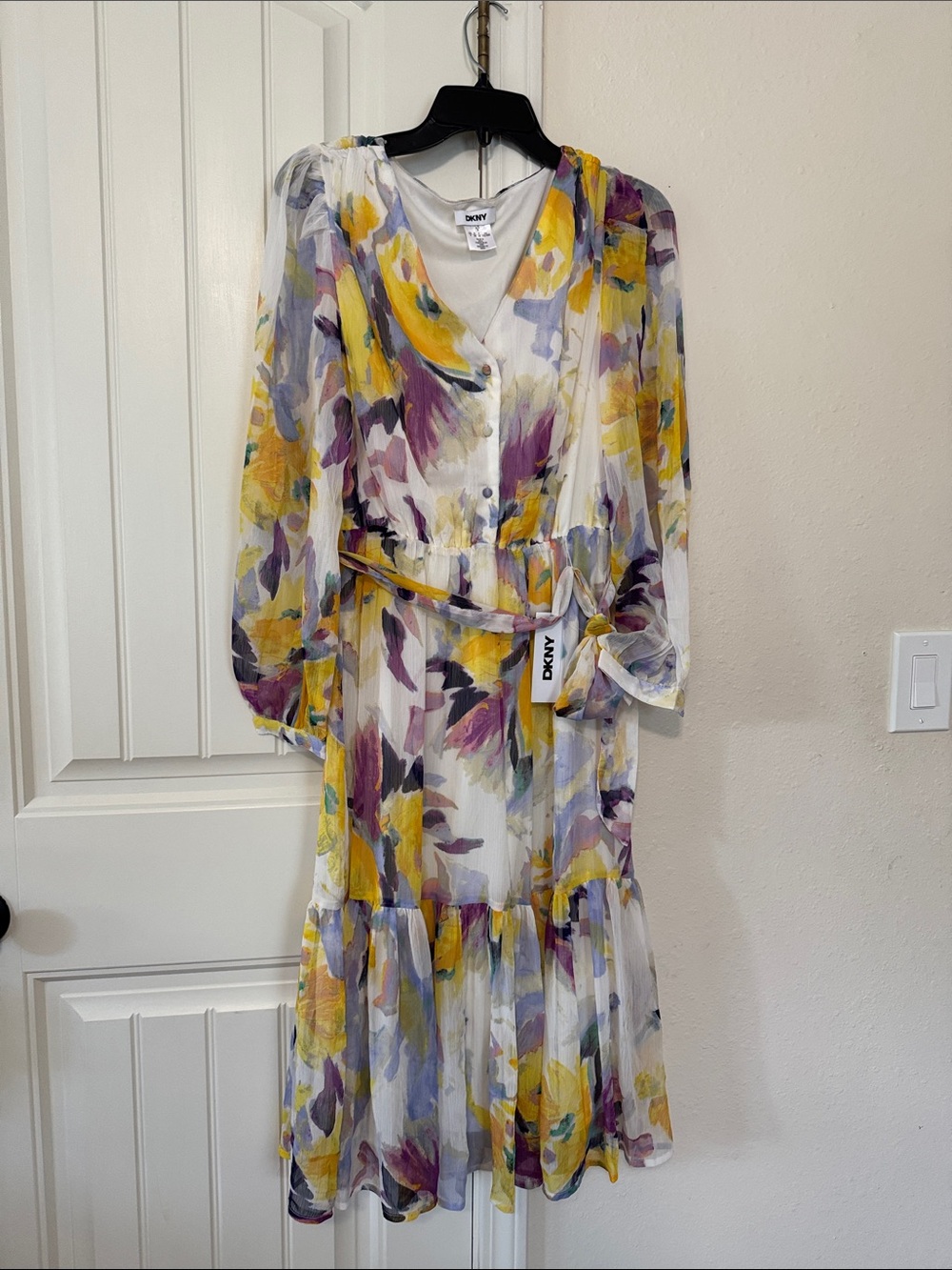 DKNY Yellow Purple White Floral Long Sleeve V-Neck Dress